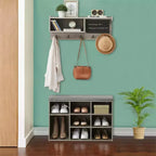 31.5 Industrial Hall Tree with Shoe Bench, 6-in-1 Entryway Coat Rack with 5 Hooks & 9 Storage Cubbies, Bookshelf & Blackboard