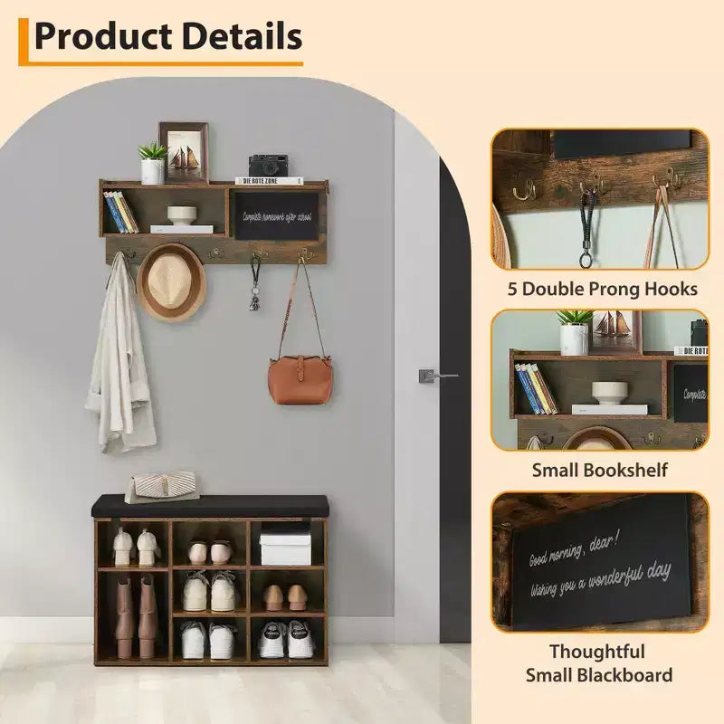 31.5 Industrial Hall Tree with Shoe Bench, 6-in-1 Entryway Coat Rack with 5 Hooks & 9 Storage Cubbies, Bookshelf & Blackboard