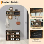 31.5 Industrial Hall Tree with Shoe Bench, 6-in-1 Entryway Coat Rack with 5 Hooks & 9 Storage Cubbies, Bookshelf & Blackboard