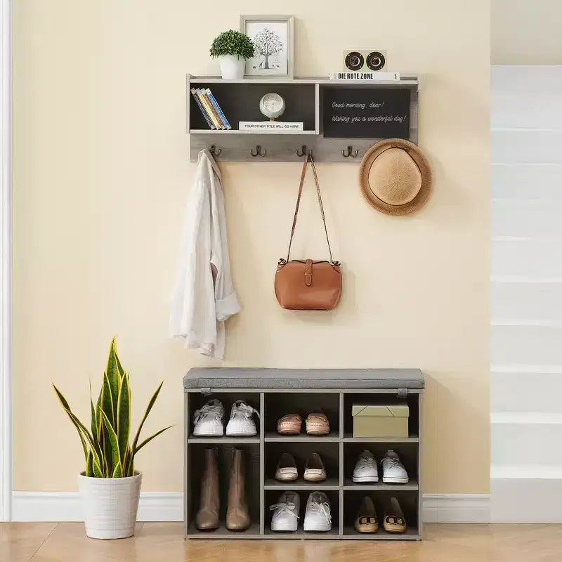 31.5 Industrial Hall Tree with Shoe Bench, 6-in-1 Entryway Coat Rack with 5 Hooks & 9 Storage Cubbies, Bookshelf & Blackboard