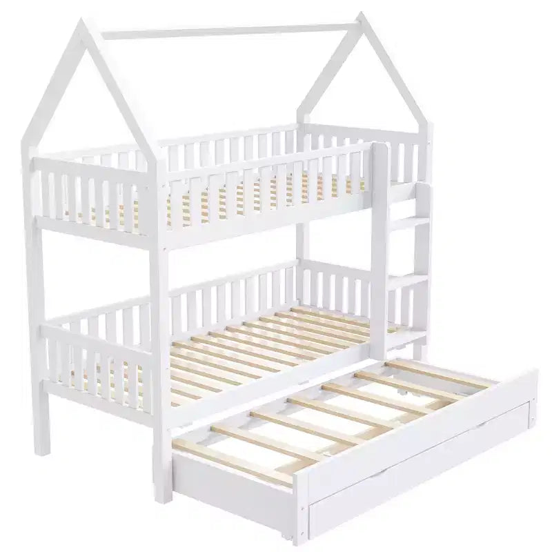 Lit superposé maison Whisen Twin-over-Twin avec barrière, lit gigogne et trois tiroirs de rangement - Blanc