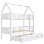 Lit superposé maison Whisen Twin-over-Twin avec barrière, lit gigogne et trois tiroirs de rangement - Blanc