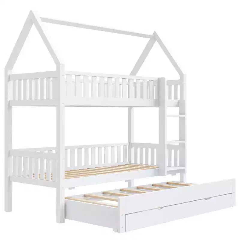 Lit superposé maison Whisen Twin-over-Twin avec barrière, lit gigogne et trois tiroirs de rangement - Blanc