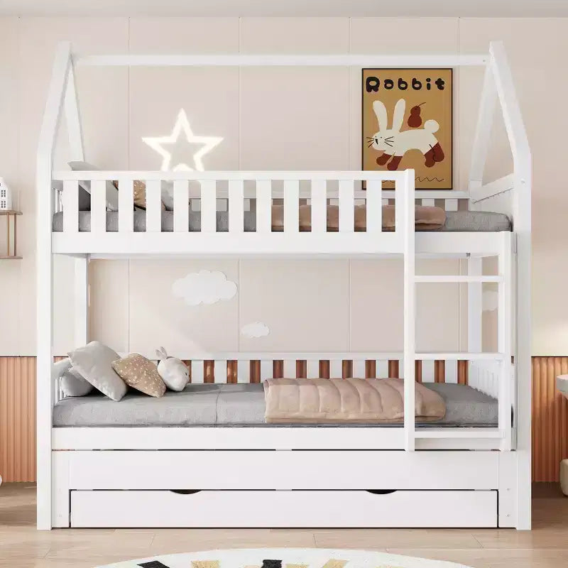 Lit superposé maison Whisen Twin-over-Twin avec barrière, lit gigogne et trois tiroirs de rangement - Blanc