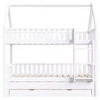 Lit superposé maison Whisen Twin-over-Twin avec barrière, lit gigogne et trois tiroirs de rangement - Blanc