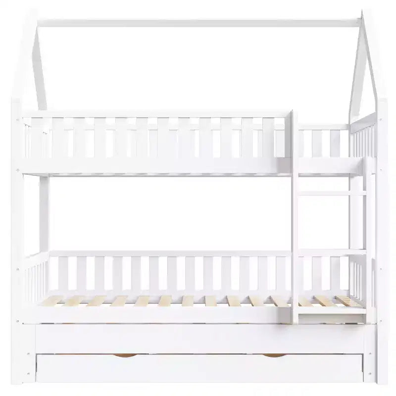 Lit superposé maison Whisen Twin-over-Twin avec barrière, lit gigogne et trois tiroirs de rangement - Blanc