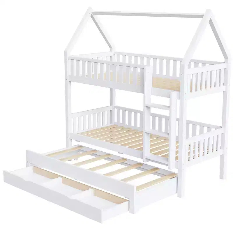 Lit superposé maison Whisen Twin-over-Twin avec barrière, lit gigogne et trois tiroirs de rangement - Blanc