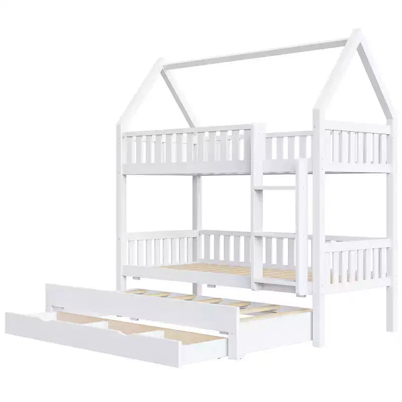 Lit superposé maison Whisen Twin-over-Twin avec barrière, lit gigogne et trois tiroirs de rangement - Blanc