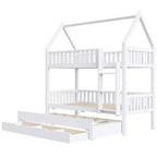 Lit superposé maison Whisen Twin-over-Twin avec barrière, lit gigogne et trois tiroirs de rangement - Blanc