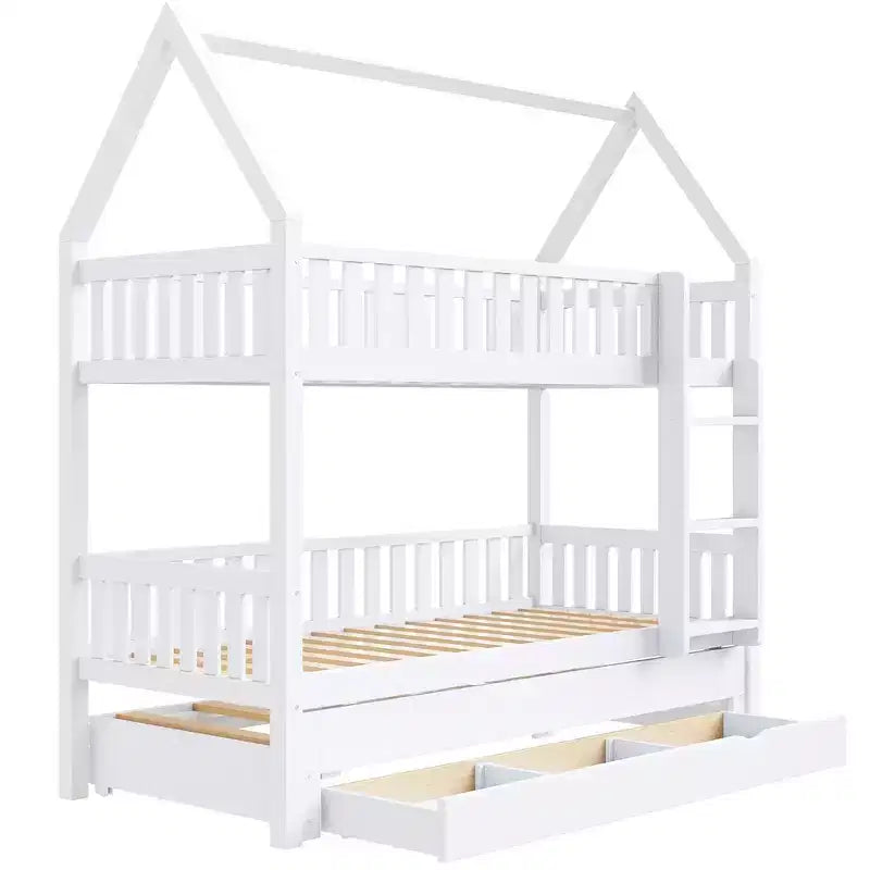Lit superposé maison Whisen Twin-over-Twin avec barrière, lit gigogne et trois tiroirs de rangement - Blanc