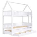 Lit superposé maison Whisen Twin-over-Twin avec barrière, lit gigogne et trois tiroirs de rangement - Blanc