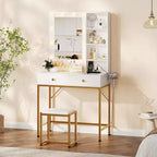 Makeup Vanity Desk with LED Mirror and Charging Station, Dressing Table with 3 Light Modes, Storage Drawers, Shelves and Stool for Bedroom, White