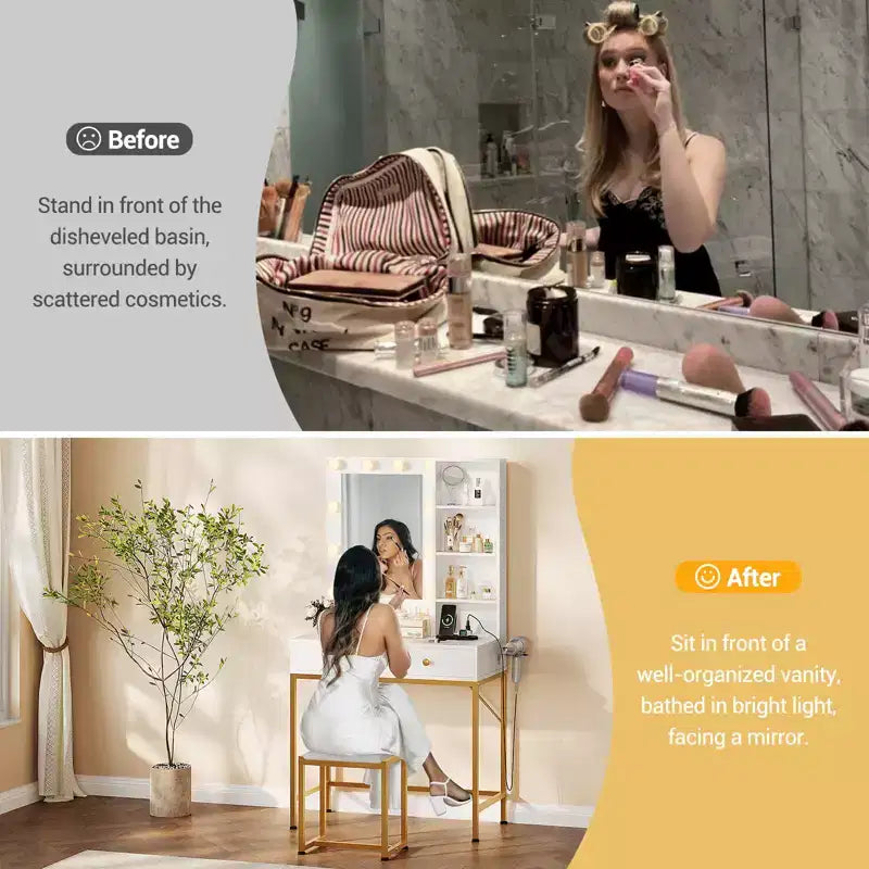 Makeup Vanity Desk with LED Mirror and Charging Station, Dressing Table with 3 Light Modes, Storage Drawers, Shelves and Stool for Bedroom, White
