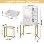 Makeup Vanity Desk with LED Mirror and Charging Station, Dressing Table with 3 Light Modes, Storage Drawers, Shelves and Stool for Bedroom, White