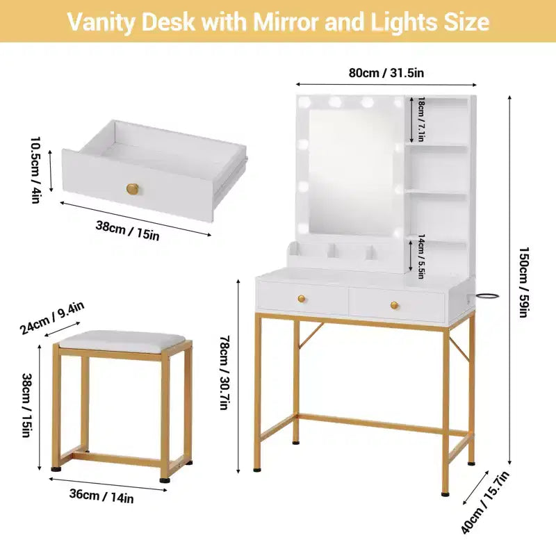 Makeup Vanity Desk with LED Mirror and Charging Station, Dressing Table with 3 Light Modes, Storage Drawers, Shelves and Stool for Bedroom, White