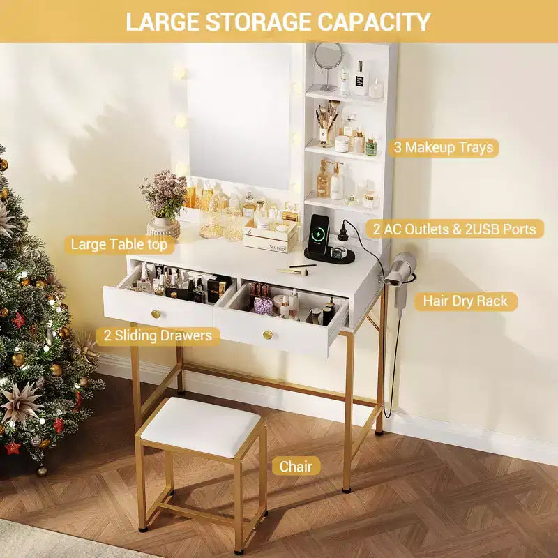 Makeup Vanity Desk with LED Mirror and Charging Station, Dressing Table with 3 Light Modes, Storage Drawers, Shelves and Stool for Bedroom, White