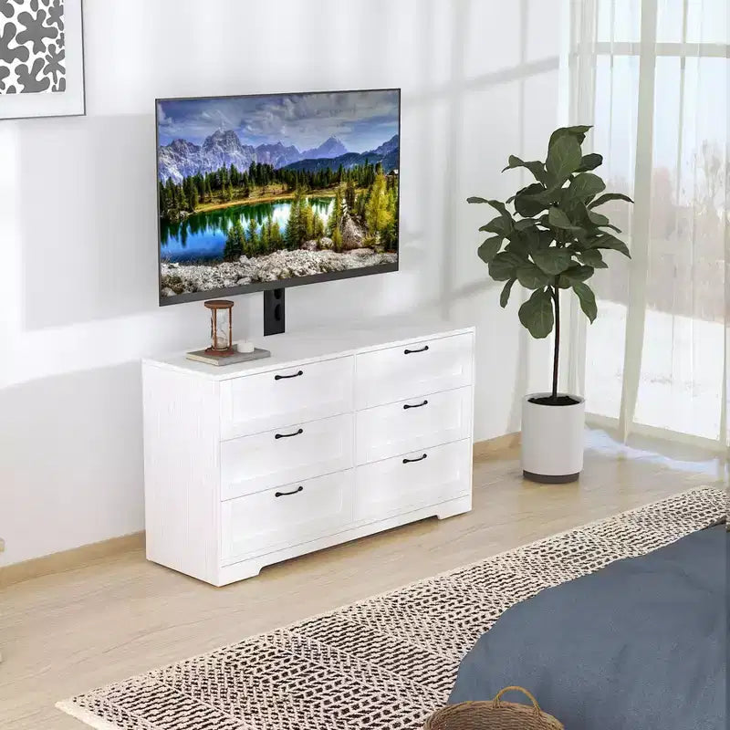 Meuble TV Acekool 6 tiroirs avec supports de stabilité, meuble média moderne en MDF, centre de divertissement pour salon