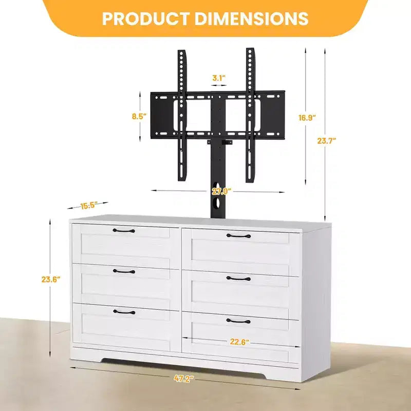 Meuble TV Acekool 6 tiroirs avec supports de stabilité, meuble média moderne en MDF, centre de divertissement pour salon