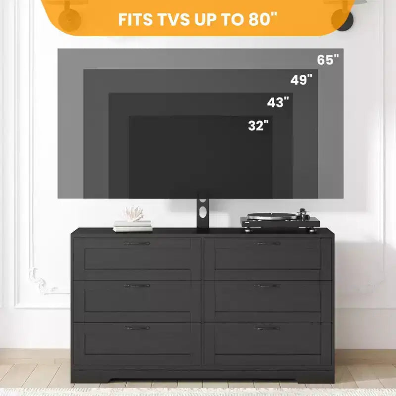 Meuble TV Acekool 6 tiroirs avec supports de stabilité, meuble média moderne en MDF, centre de divertissement pour salon