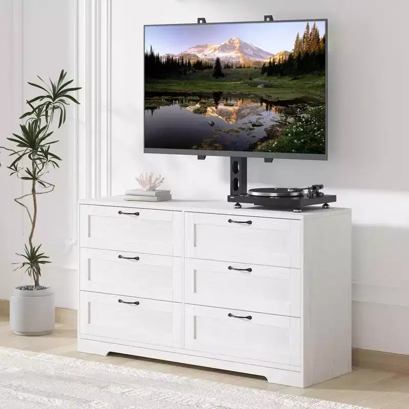 Meuble TV Acekool 6 tiroirs avec supports de stabilité, meuble média moderne en MDF, centre de divertissement pour salon