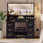 42 Makeup Vanity Desk with LED Mirror & Charging Station, 8 Drawers Dressing Table with Glass Top, Hairdryer Rack & Cushioned Stool for Bedroom