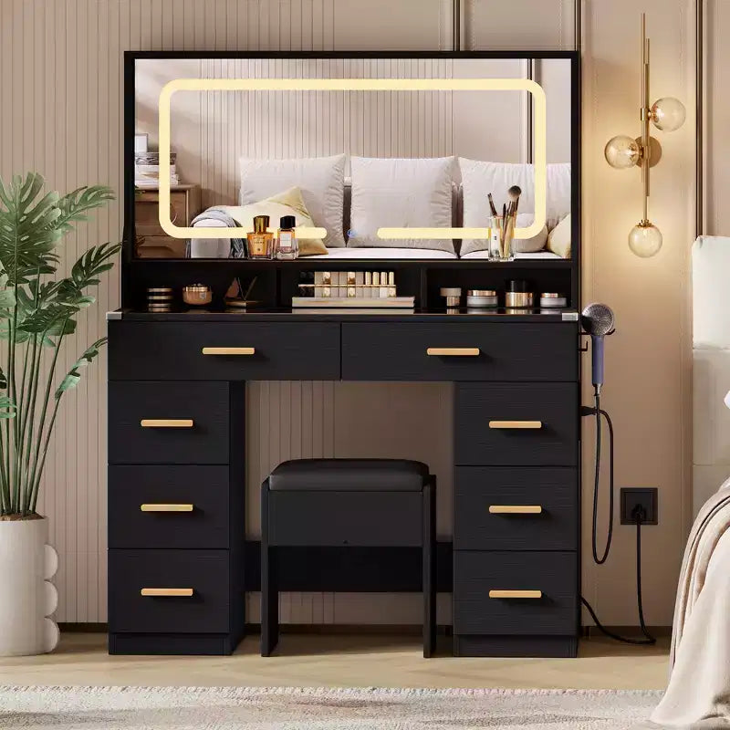 42 Makeup Vanity Desk with LED Mirror & Charging Station, 8 Drawers Dressing Table with Glass Top, Hairdryer Rack & Cushioned Stool for Bedroom
