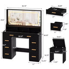 Coiffeuse de Maquillage 42 pouces avec Miroir LED et Station de Recharge, Table de Maquillage 8 Tiroirs avec Plateau en Verre, Support pour Sèche-cheveux et Tabouret Rembourré pour Chambre à Coucher