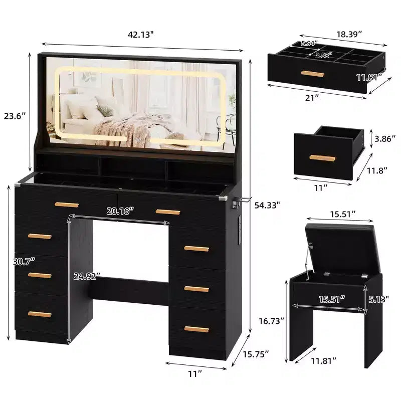 Coiffeuse de Maquillage 42 pouces avec Miroir LED et Station de Recharge, Table de Maquillage 8 Tiroirs avec Plateau en Verre, Support pour Sèche-cheveux et Tabouret Rembourré pour Chambre à Coucher