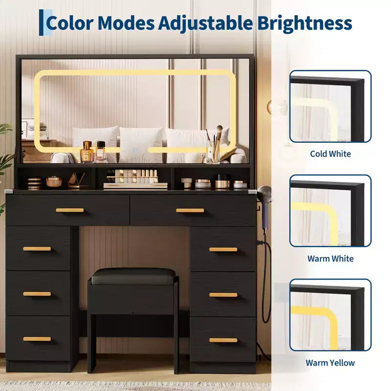 Coiffeuse de Maquillage 42 pouces avec Miroir LED et Station de Recharge, Table de Maquillage 8 Tiroirs avec Plateau en Verre, Support pour Sèche-cheveux et Tabouret Rembourré pour Chambre à Coucher