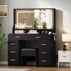 Coiffeuse de Maquillage 42 pouces avec Miroir LED et Station de Recharge, Table de Maquillage 8 Tiroirs avec Plateau en Verre, Support pour Sèche-cheveux et Tabouret Rembourré pour Chambre à Coucher