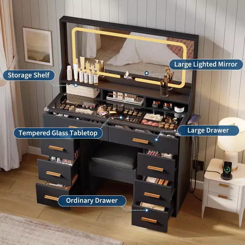Coiffeuse de Maquillage 42 pouces avec Miroir LED et Station de Recharge, Table de Maquillage 8 Tiroirs avec Plateau en Verre, Support pour Sèche-cheveux et Tabouret Rembourré pour Chambre à Coucher