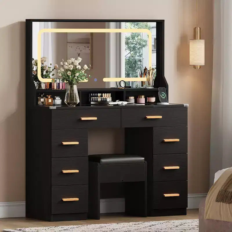 Coiffeuse de Maquillage 42 pouces avec Miroir LED et Station de Recharge, Table de Maquillage 8 Tiroirs avec Plateau en Verre, Support pour Sèche-cheveux et Tabouret Rembourré pour Chambre à Coucher