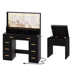 Coiffeuse de Maquillage 42 pouces avec Miroir LED et Station de Recharge, Table de Maquillage 8 Tiroirs avec Plateau en Verre, Support pour Sèche-cheveux et Tabouret Rembourré pour Chambre à Coucher