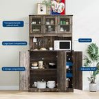 Meuble de garde-manger de cuisine autoportant polyvalent - Brun rustique, station de charge intégrée, grand plan de travail, grand buffet avec portes et étagères