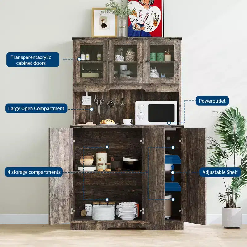 Meuble de garde-manger de cuisine autoportant polyvalent - Brun rustique, station de charge intégrée, grand plan de travail, grand buffet avec portes et étagères