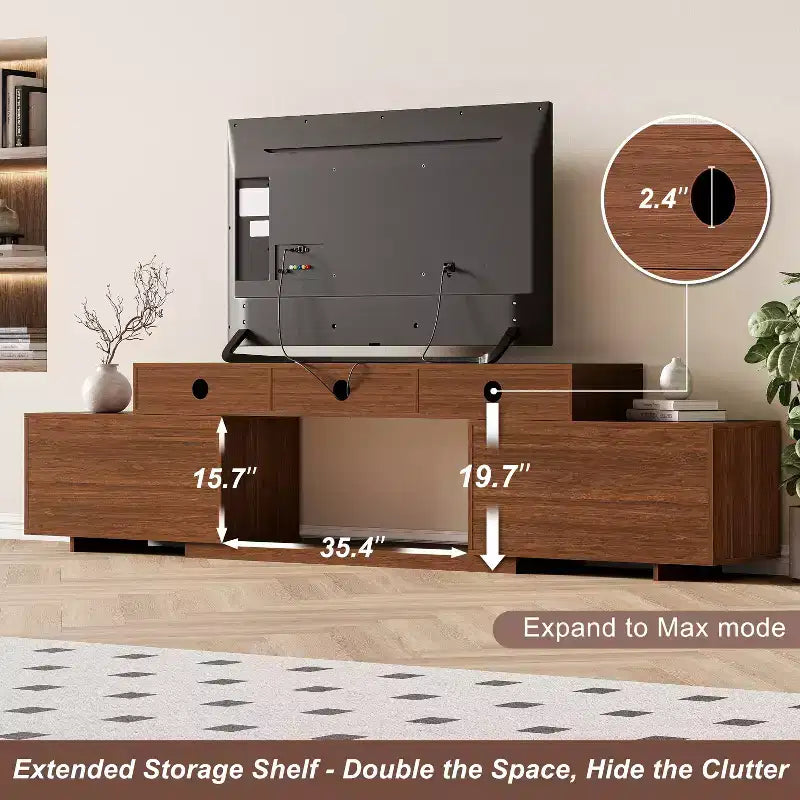 Meuble TV extensible ATJafurn 62,9-98,4 marron, console multimédia en bois pour salon, meuble de divertissement moderne du milieu du siècle avec rangement