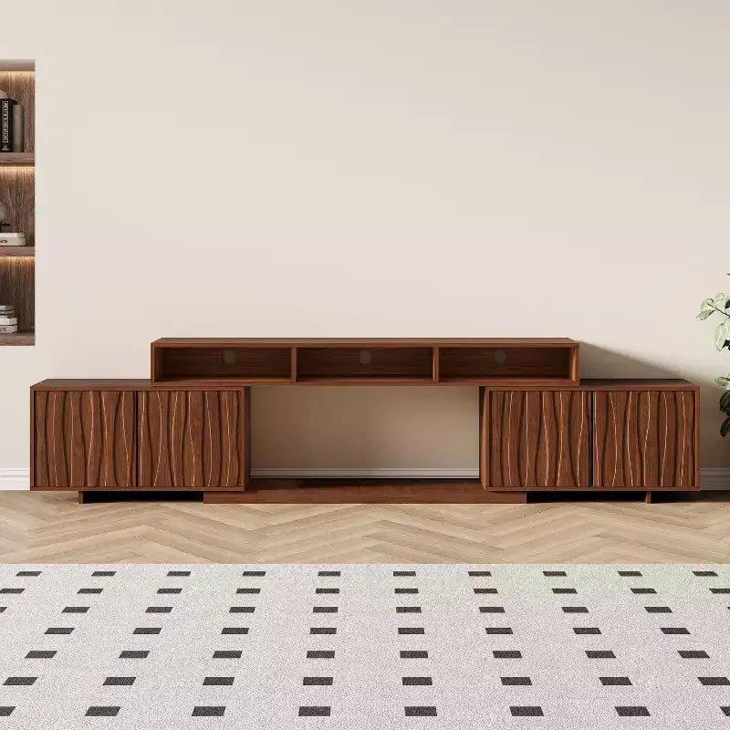 Meuble TV extensible ATJafurn 62,9-98,4 marron, console multimédia en bois pour salon, meuble de divertissement moderne du milieu du siècle avec rangement