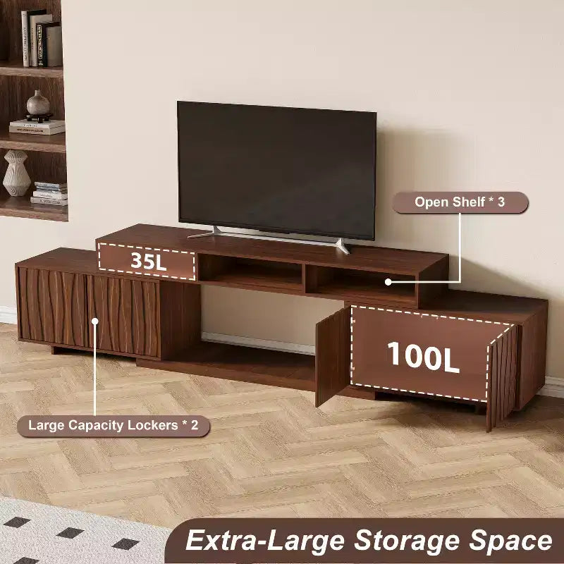Meuble TV extensible ATJafurn 62,9-98,4 marron, console multimédia en bois pour salon, meuble de divertissement moderne du milieu du siècle avec rangement