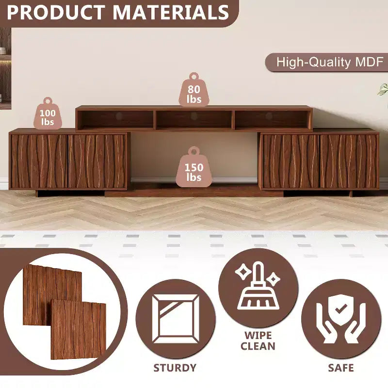 Meuble TV extensible ATJafurn 62,9-98,4 marron, console multimédia en bois pour salon, meuble de divertissement moderne du milieu du siècle avec rangement