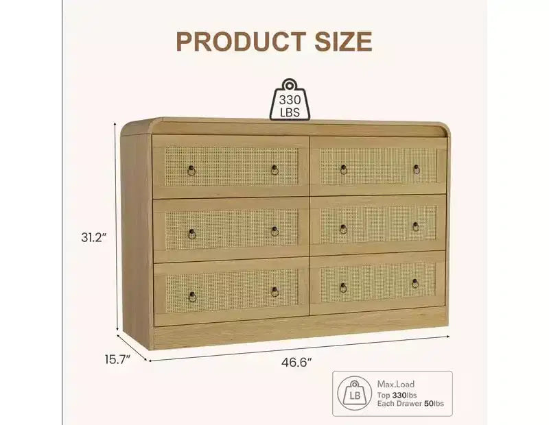 Commode en rotin de 117 cm de large à 6 tiroirs – Meuble TV moderne à bords arrondis pour chambre et salon