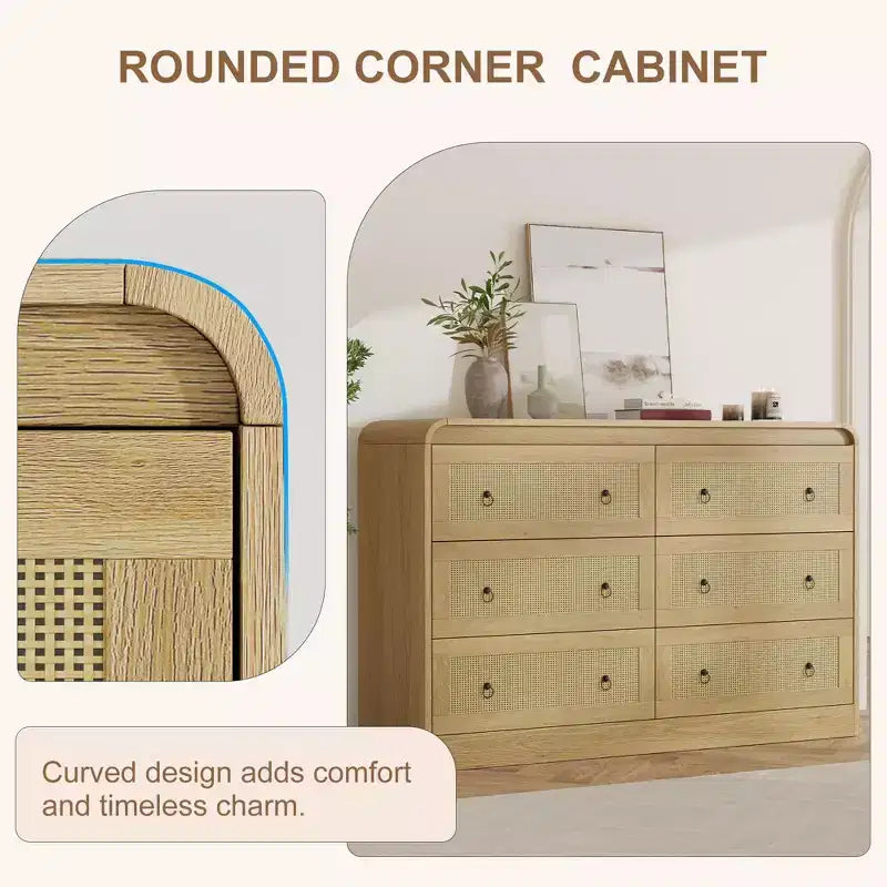 Commode en rotin de 117 cm de large à 6 tiroirs – Meuble TV moderne à bords arrondis pour chambre et salon