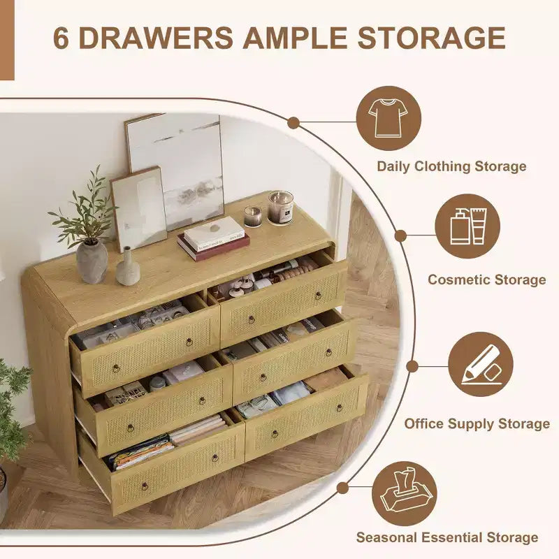 Commode en rotin de 117 cm de large à 6 tiroirs – Meuble TV moderne à bords arrondis pour chambre et salon