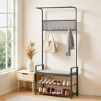 VEVOR Meuble d'entrée, porte-manteau de 183 cm avec banc à chaussures, organisateur de rangement à chaussures autoportant à 2 niveaux avec crochets, tringle à suspendre et étagère grillagée, marron et noir
