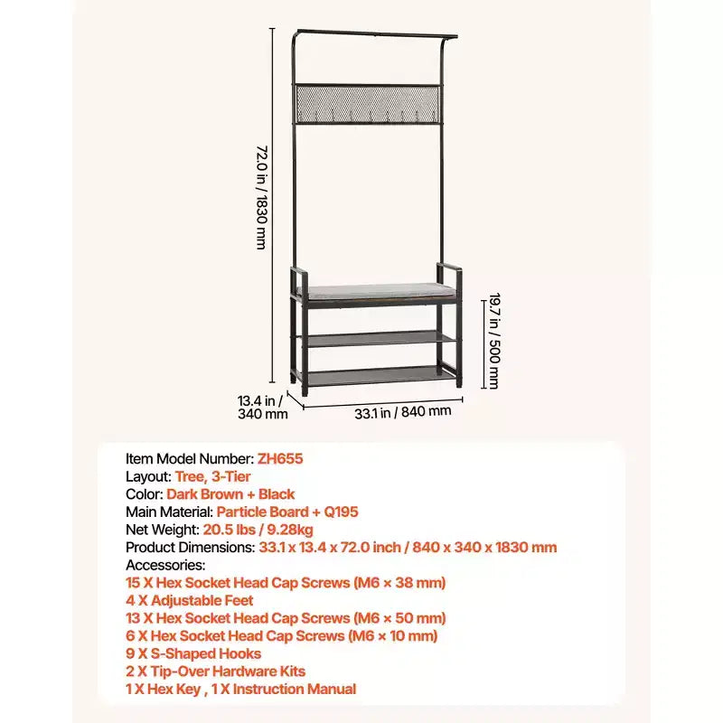 VEVOR Meuble d'entrée, porte-manteau de 183 cm avec banc à chaussures, organisateur de rangement à chaussures autoportant à 2 niveaux avec crochets, tringle à suspendre et étagère grillagée, marron et noir