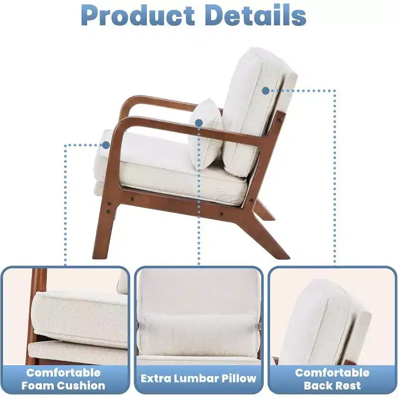 Fauteuil d'appoint moderne du milieu du siècle Summit Adventure avec accoudoirs, coussin lombaire, cadre en bois massif et revêtement crème