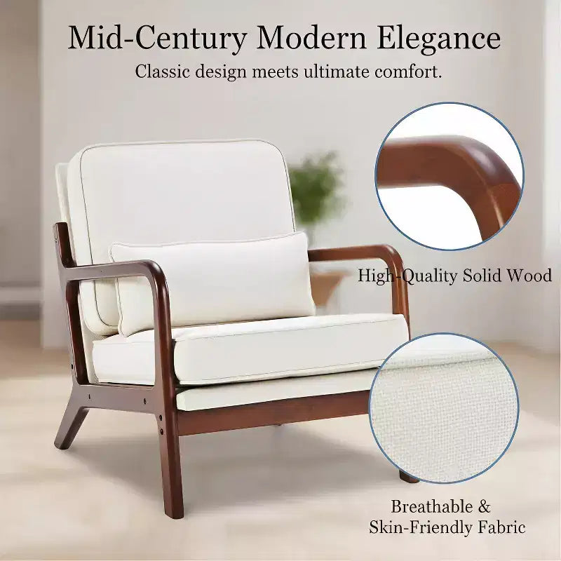 Fauteuil d'appoint moderne du milieu du siècle Summit Adventure avec accoudoirs, coussin lombaire, cadre en bois massif et revêtement crème