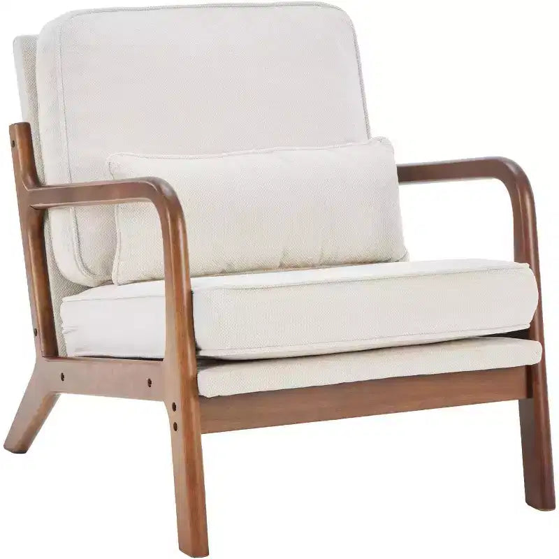 Fauteuil d'appoint moderne du milieu du siècle Summit Adventure avec accoudoirs, coussin lombaire, cadre en bois massif et revêtement crème