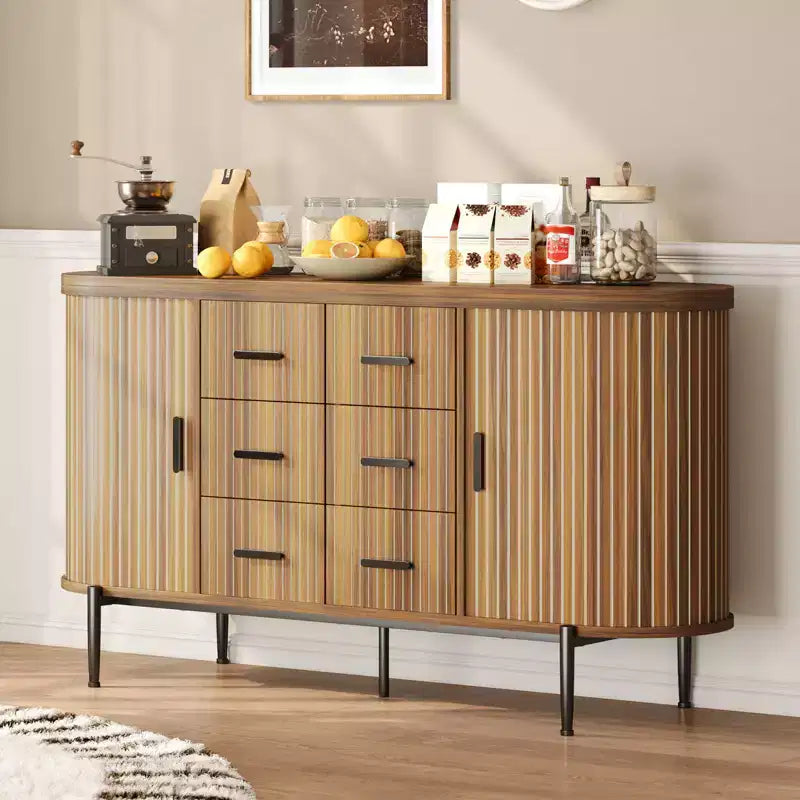 59in Farmhouse Fluted Sideboard Buffet Cabinet, Media TV Console Table with 6 Drawers & 2 Sliding Doors, Versatile Storage Cabinet for Living Room