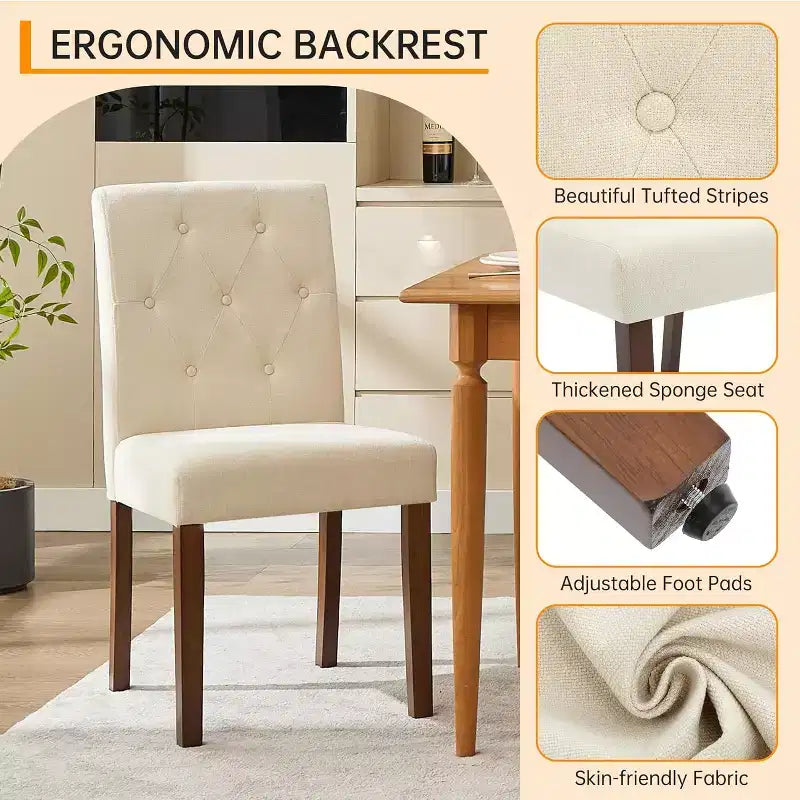 Button Tufted Parsons Dining Chairs Set of 2, Upholstered Fabric Kitchen Chairs with Padded Seats & Wood Legs, Living Room Kitchen Furniture