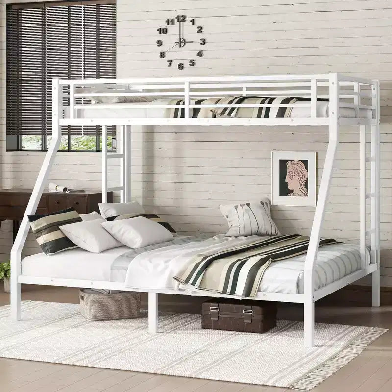 Metal Bunk Bed Twin XL over Queen with Guardrail for Kids and Teens